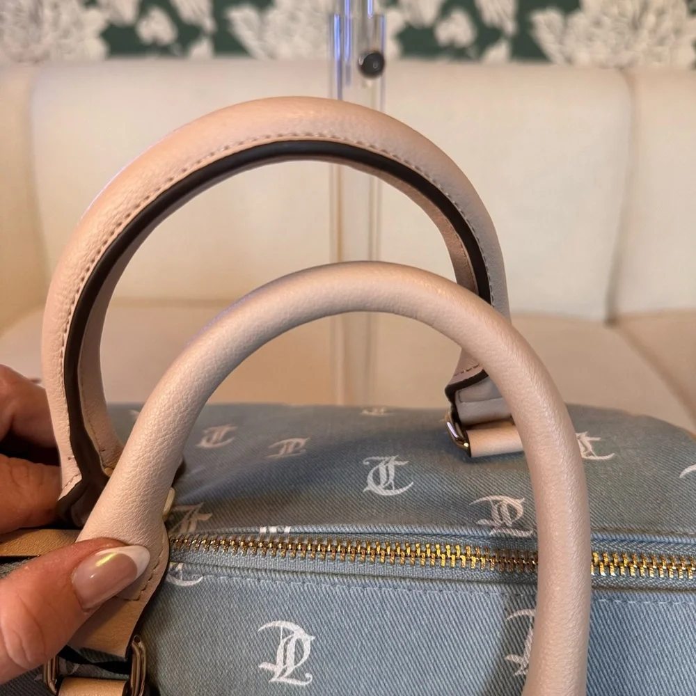 Juicy Couture Gray and Cream Satchel with Strawberry Charm and Gold Chain NWT